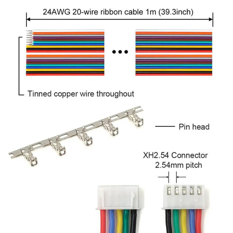 2.54mm JST Pin Header Connector Kit with ribbon cables, pin heads, heat shrink tubing, 2P to 8P male and female housings