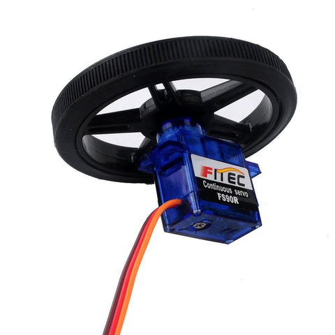 Feetech FS90R micro servo with RC tire wheel, blue translucent housing and red/orange wiring