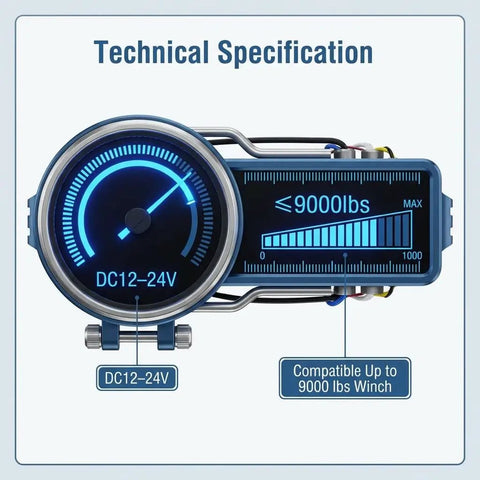 Technical specifications of Wireless Winch Remote Kit For 12V DC Trucks, ATVs, And SUVs, supporting up to 9000 lbs with DC12-24V