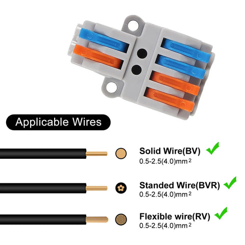 10 Pack Lever Wire Connectors Quick Wiring Cable Push-In Conductor Terminal Block 2 In 4 Out No Fuss Easy Install For Hard Wire 0.08-4.0mm2 And Soft Wire 0.08-2.5mm2 Great For Home, Lighting, Machinery And Electrical DIY. Gray 2-in 4-out PA66/PC connector with solid, stranded and flexible wire examples