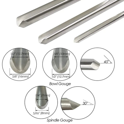 Badass Three Piece Bowl Gouge And Wood Chisel Set For Exact Lathe Work with HSS blades and detailed measurements.