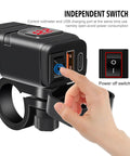 Close-up of Motorcycle Usb Charger With Badass Waterproof Sae To Usb Adapter For Sweet Street Rides Featuring knockout switch and ports.