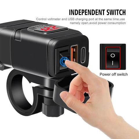 Close-up of Motorcycle Usb Charger With Badass Waterproof Sae To Usb Adapter For Sweet Street Rides Featuring knockout switch and ports.