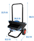 Heavy Duty Strapping Cart And Dispenser For Steel Strapping Coils With 9.5 Inch Core Size Built Tough Portable Mobile Workstation With Integrated Tool Tray And Seal Storage, black cart dimensions shown