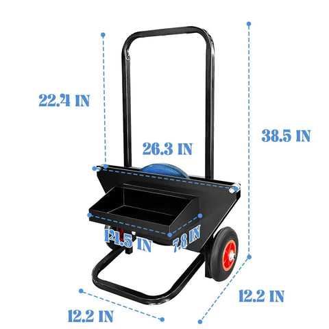 Heavy Duty Strapping Cart And Dispenser For Steel Strapping Coils With 9.5 Inch Core Size Built Tough Portable Mobile Workstation With Integrated Tool Tray And Seal Storage, black cart dimensions shown