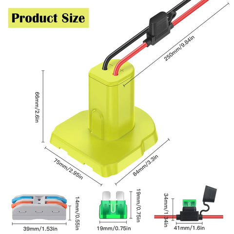 2 Pack Power Wheels Adapter Kit for Ryobi 18V Battery With 30A Fuses, showing dimensions and cable details
