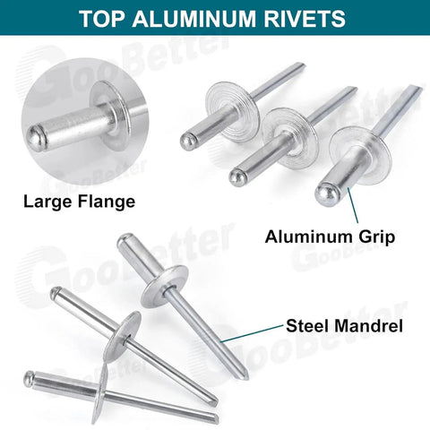 500 Piece Aluminum Blind Rivet Kit With 14 Size Assortment Pop Rivets Set featuring large flange and aluminum grip detail.