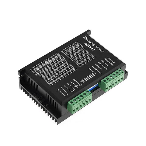 Knockout CNC Digital Microstep Driver DM542 Two Phase Stepper Motor Controller showing input connections and settings chart.