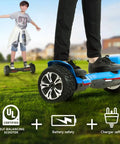 Close-up of blue Warrior 8.5 Inch All Terrain Off Road Scooter with Bluetooth speakers and LED lights, self-balancing on grass