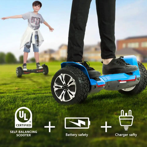 Close-up of blue Warrior 8.5 Inch All Terrain Off Road Scooter with Bluetooth speakers and LED lights, self-balancing on grass