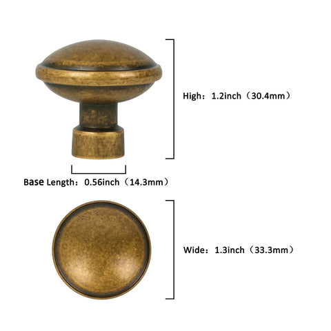 Antique Brass Cabinet Knobs Set of 10 with Single Hole Design, Zinc Alloy Drawer Pulls dimensions and measurements shown