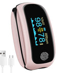 Rechargeable Pulse Oximeter With Real Time SpO2 And Pulse Rate Readouts showing readings and USB-C cable included