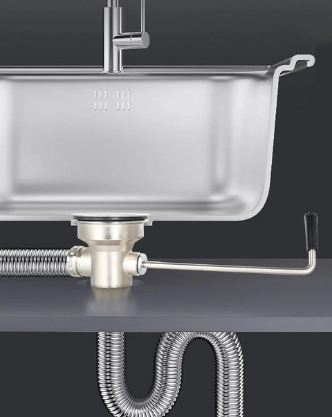 Side view of 3-1/2 Inch Commercial Sink Drain With Twist Handle Waste Valve Stopper for one half and three compartment sinks, 2 Inch Outlet.