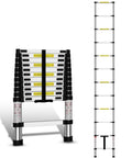 Heavy Duty Fourteen And A Half Feet Telescoping Ladder For Indoor And Outdoor Use Aluminum Collapsible Extension Ladder 330 Pound Load Capacity Anti Slip Rungs Rust And Water Resistant extended and folded view