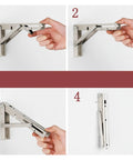 Steps to fold the Beefy Stainless Steel Foldable Triangular Bracket Set 2 Pack Wall Mount Table Shelf DIY Kit 8 To 20 Inch Adjustable Support