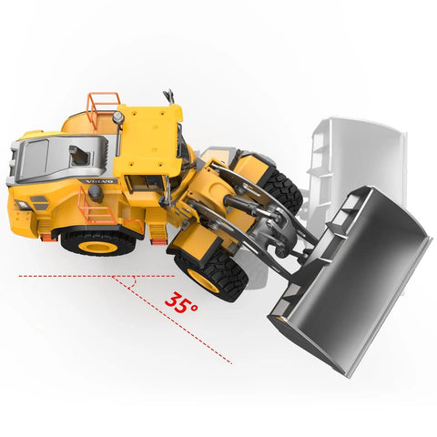 Volvo L260H Remote Control Wheel Loader 1:16 Scale 4WD RC toy lifting alloy bucket at 35-degree angle.