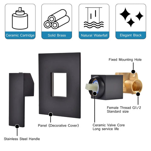 Matte Black Waterfall Wall Mount Faucet parts including brass body, stainless steel handle, and decorative cover