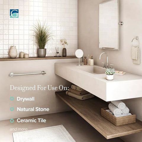 Modern bathroom showcasing Elevate Your Shower With A 12 Inch ADA Compliant Satin Nickel Shower Grab Bar Wall Mounted Bathroom Handrail