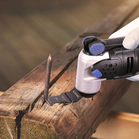 EZARC carbide oscillating saw blade installed on a multitool cutting a nail from wood