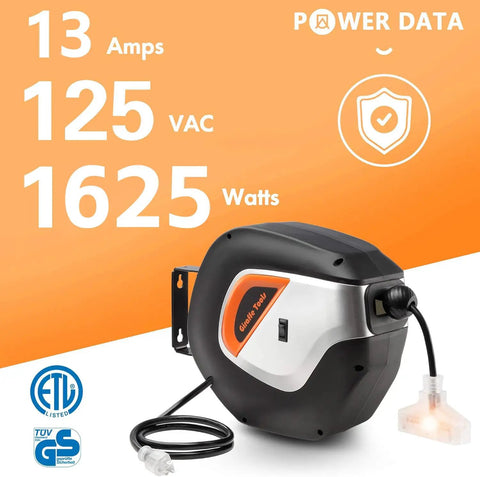 Heavy Duty Retractable Extension Cord Reel With Lighted Triple Tap, 50FT 14AWG 3C SJTOW Power Cord, Garage Ready Wall And Ceiling Mount