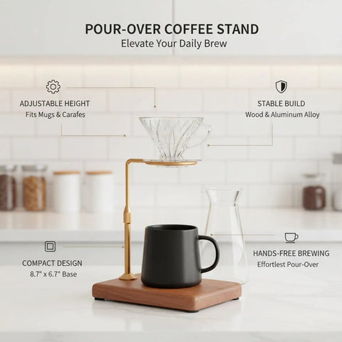 Adjustable Pour Over Coffee Stand, Sleek Wood And Aluminum Dripper Holder For Standard Mugs And Large Carafes, hands-free brewing rack on a kitchen counter.