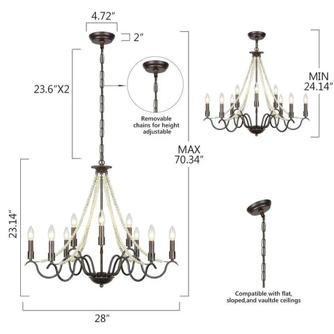 Dimensions of 9 Light French Country Rustic Farmhouse Candle Chandelier With Wood Beads Bronze Finish Kitchen Island Lighting For Dining Room Living Room Entryway And Stairwell 47.2 Inch Adjustable Chain