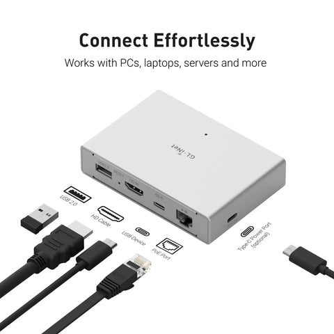 Comet PoE Remote KVM GLRM1PE With Tailscale For No Fuss Seamless 4K Streaming And Secure Remote Access compact silver unit with USB, HDMI and PoE ports