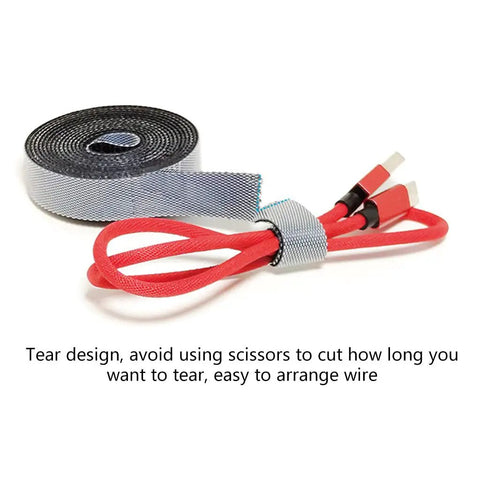 Self Adhesive Cable Management Hoop With Sticky Wire Organizer Keeps Your Desk Slick And Tidy Game Changer Tear Off Nylon Cord Wrap Kit For Home Office In Black with red cables.
