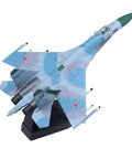 Su 27 Flanker Die Cast Fighter Aircraft Model One Hundredth Scale With Display Stand For Collectors And Aviation Enthusiasts Premium Collectible Featuring Dope Authentic Russian Tactical Camouflage And Unit Tail Markings displayed at an upward angle on a black stand
