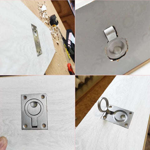 Stainless Steel Flush Pull Ring Handles 304 2 Pack Hidden Recessed Furniture Pulls installed in cabinet door