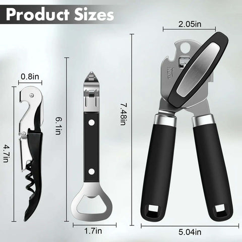 Dimensions of 3 Piece Can Opener Bottle Opener and Wine Opener Set With Smooth Edge Manual Opener Magnetic Tip Heavy Duty Stainless Steel