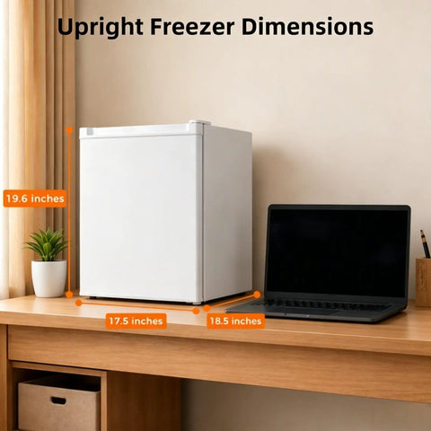 Compact 1.1 Cu Ft Upright Mini Freezer In Bright White For Dorms Small Apartments And Garages dimensions on desk beside laptop.