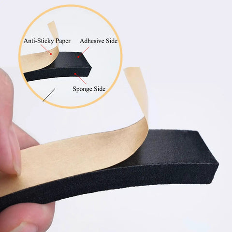 Dope Foam Rubber Seal Strip With Super Strong Self-Adhesive Backing showing adhesive side and sponge side details.