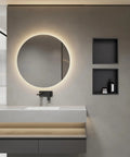 Brushed Stainless Steel Shower Niche With No Tiling Required, Recessed Bathroom Storage, 12 By 12 By 4 Inches, Waterproof And Leakproof Organizer For Shower Walls displayed on a bathroom wall, next to a circular mirror above a modern sink.