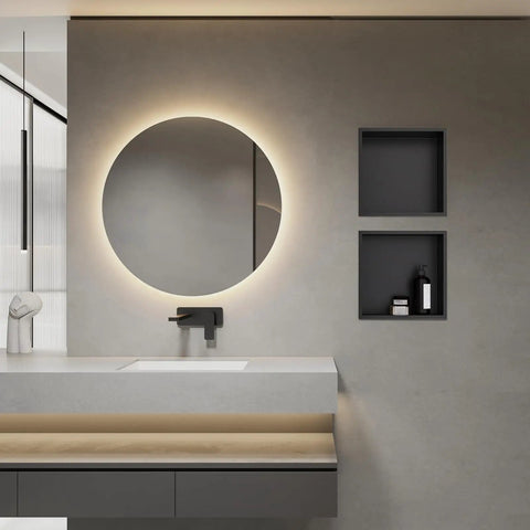Brushed Stainless Steel Shower Niche With No Tiling Required, Recessed Bathroom Storage, 12 By 12 By 4 Inches, Waterproof And Leakproof Organizer For Shower Walls displayed on a bathroom wall, next to a circular mirror above a modern sink.