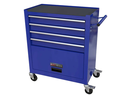 Rolling 4 Drawer Tool Chest With Locking Wheels 24.4 Inch Mobile Toolbox Ball Bearing Drawers For Smooth Glide Heavy Duty Metal Cabinet For Garage Shop Warehouse Blue, front view