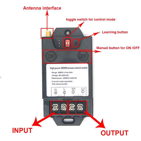 Ultra Long Range Wireless Remote Control Switch receiver with antenna interface and manual buttons for AC 110V 220V.