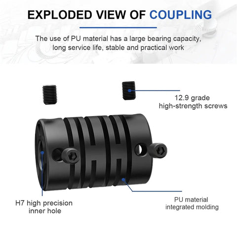 Exploded view of Top Tier Plastic Coupling For 3D Printers And CNC Motors Features Flexible Nylon Fiber Shaft Design With LR2 D15L22 Dimensions.