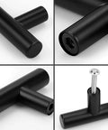 Close-up of Black Cabinet Knobs Five Pack T Knobs Single Hole Two Inch Overall Length 12mm Bar Diameter showing installation detail.