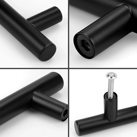 Close-up of 10 Pack 256mm Center To Center Black Bar Cabinet Pulls Modern T Bar Handles showing hollow stainless steel with screw installation.
