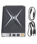 10400mAh Mini UPS Battery Backup with dual inputs, USB output, and cables for security cameras and routers. Supports 9V/12V DC power.