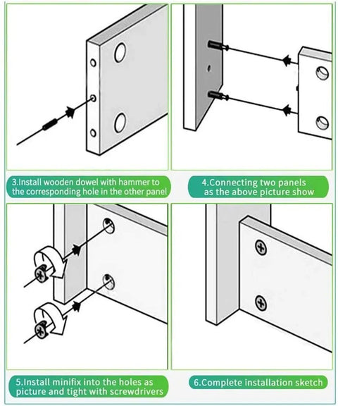 Heavy Duty 100 Count Stainless Steel Cam Locks For Cabinet Hardware With No Sweat Assembly And Kickass Sturdiness Perfect For Quick Furniture Build Out Jobs That Will Last A Lifetime installation instructions showing wooden dowels and connectors.