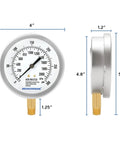 Front and side view of Fire System Pressure Gauge Kit 3.5 Inch Zero To 300 PSI Dual Scale With Quarter Inch NPT Lower Mount