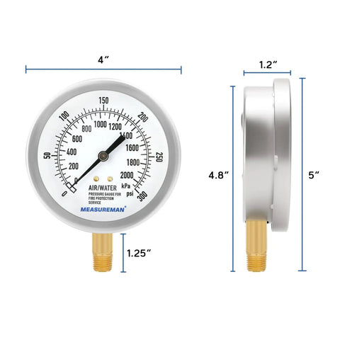 Front and side view of Fire System Pressure Gauge Kit 3.5 Inch Zero To 300 PSI Dual Scale With Quarter Inch NPT Lower Mount
