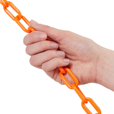 Hand holding 100 Foot Orange Plastic Chain Safety Barrier For Crowd Control And Event Lines, 1.5 Inch Links, Weather Resistant