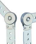 Top Shelf Knockout Heavy Duty Furniture Hinges For Bed To Sofa Conversion Built Like A Tank Steel Pivot Connector close-up image of metal pivot locks with holes.