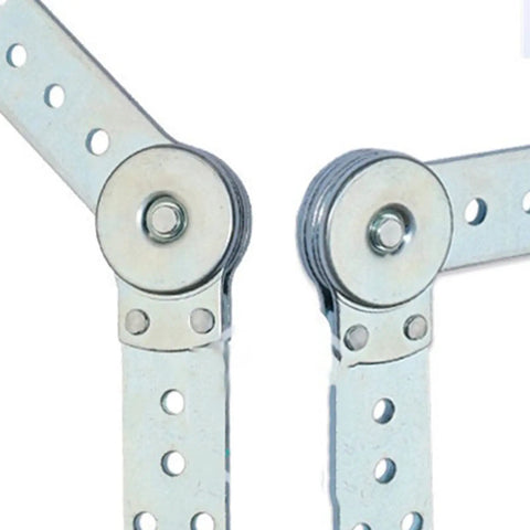 Top Shelf Knockout Heavy Duty Furniture Hinges For Bed To Sofa Conversion Built Like A Tank Steel Pivot Connector close-up image of metal pivot locks with holes.