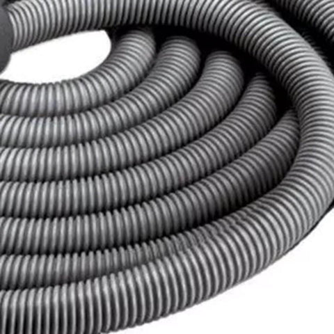 Current-Carrying Crush-Proof Central Vacuum Hose, dark gray, vinyl over wire, coiled close-up