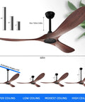 Diagram of Big 60 Inch Outdoor Ceiling Fan With Remote Control, Reversible DC Motor, Walnut Finish, and Black Accents; installation options shown.