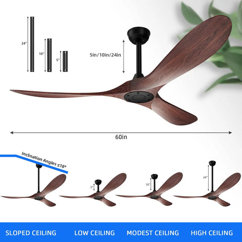 Diagram of Big 60 Inch Outdoor Ceiling Fan With Remote Control, Reversible DC Motor, Walnut Finish, and Black Accents; installation options shown.